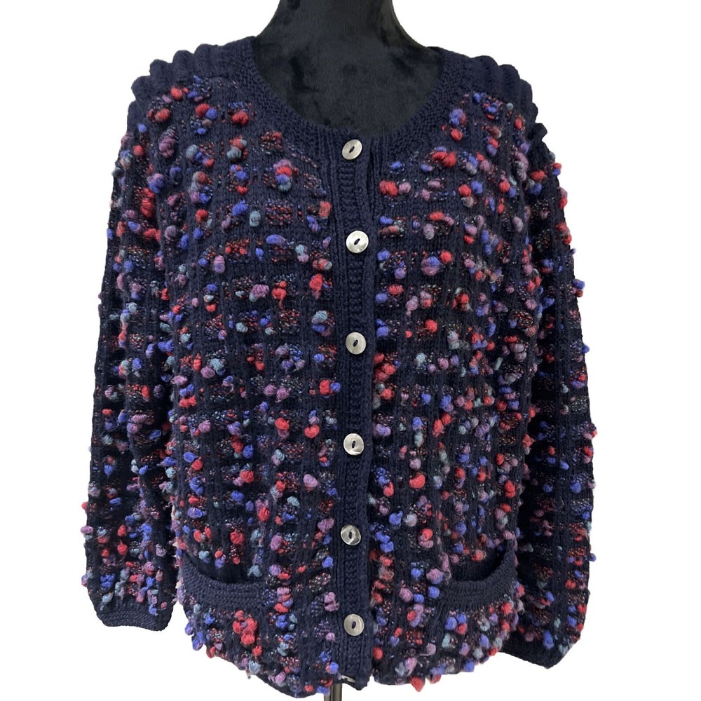 VTG Barry Bricken Women SZ L Hand Knit Pure Virgin Wool Button Front Sweater